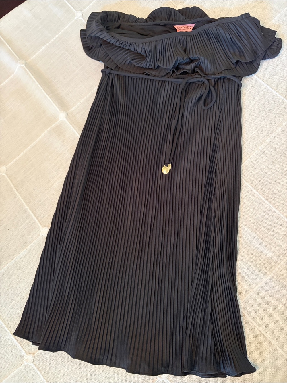Juicy Couture Black Strapless Pleated Midi Dress with Gold Charm